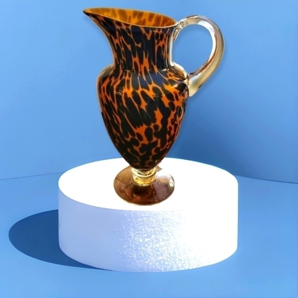 VTG Handblown Amber Tortoise Cased Glass Pedestal Art Pitcher